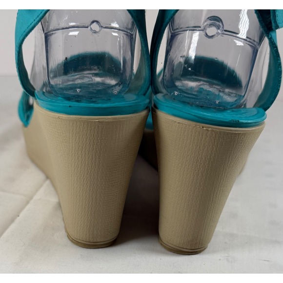 Crocs Leigh II Ankle Strap Wedge Sandals Turquoise Blue Canvas Womens Size 9 - Picture 5 of 7
